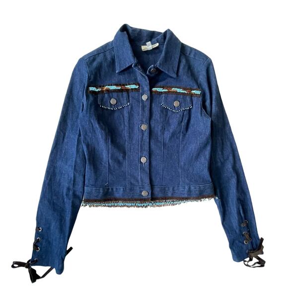 Vintage Jackets & Blazers - Vintage 1990s Cache Jean Jacket Beaded Fringe Lace Up Southwest 4 EUC